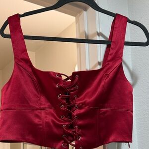 New - Lace-Up Satin Crop Top in Deep Red